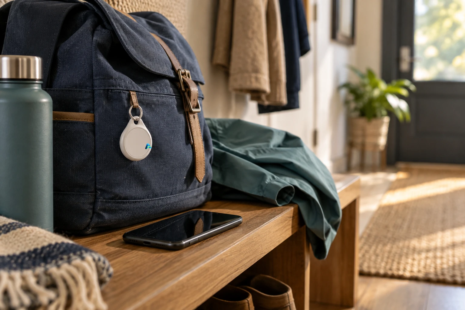 BLE tracker tag and phone beside a navy backpack in a warm home entryway