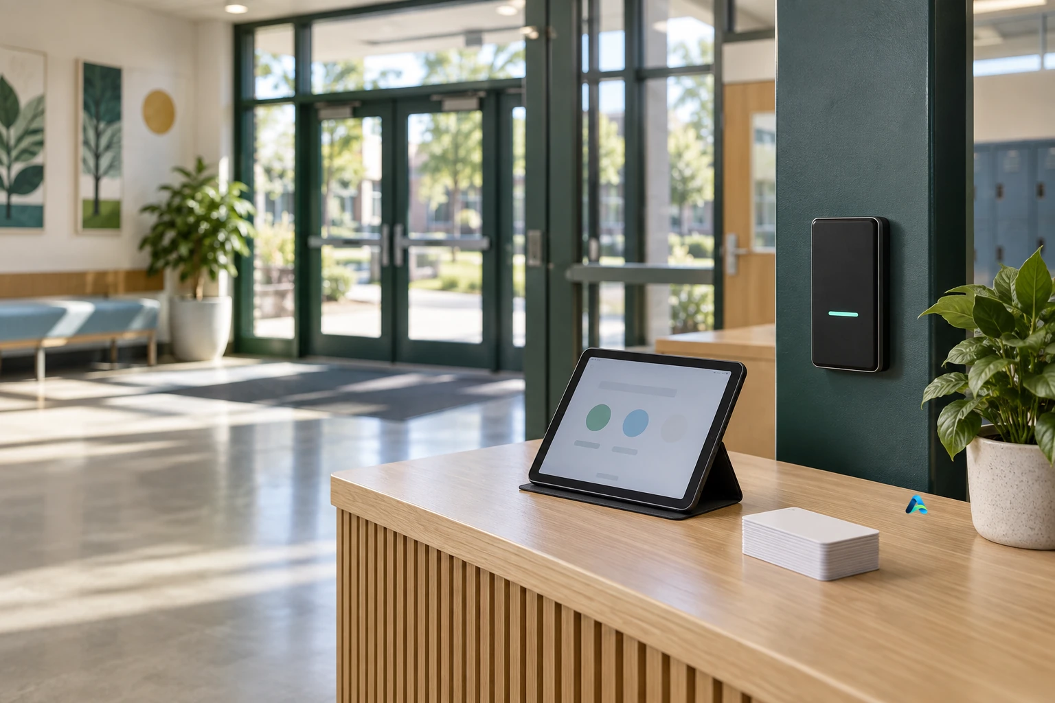 School access reader and staff tablet in a bright modern school lobby