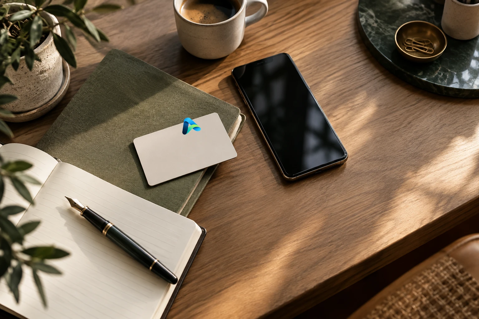 Amoay NFC card, phone and notebook arranged on a warm editorial work desk